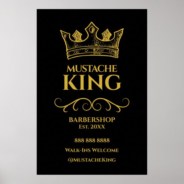 24x36 Gold Crown King Mustache Barbershop Sign (Front)