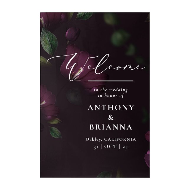 24x36" Moody Purple Bloom Grunge Wedding Welcome Acrylic Print (Front)
