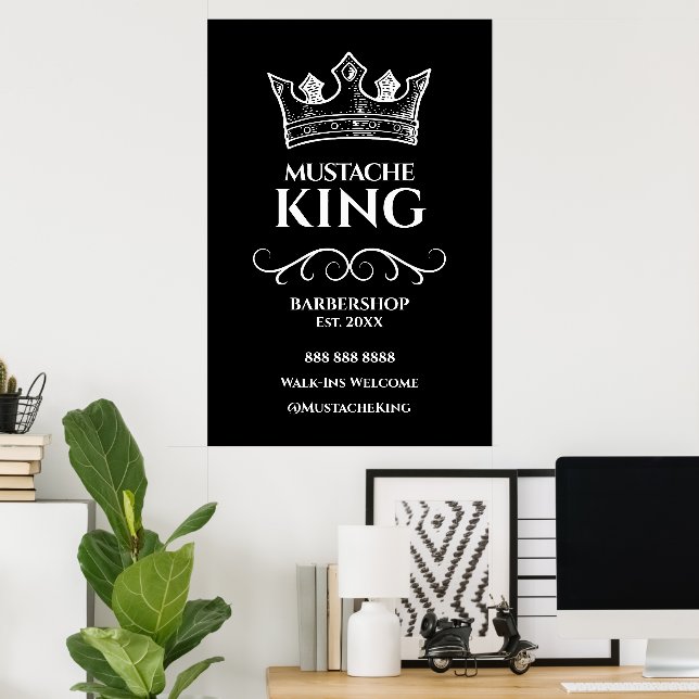 24x36 White Crown King Mustache Barbershop Sign (Home Office)