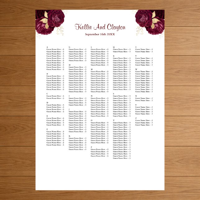 250 Burgundy & Gold Floral Wedding Seating Chart (Creator Uploaded)