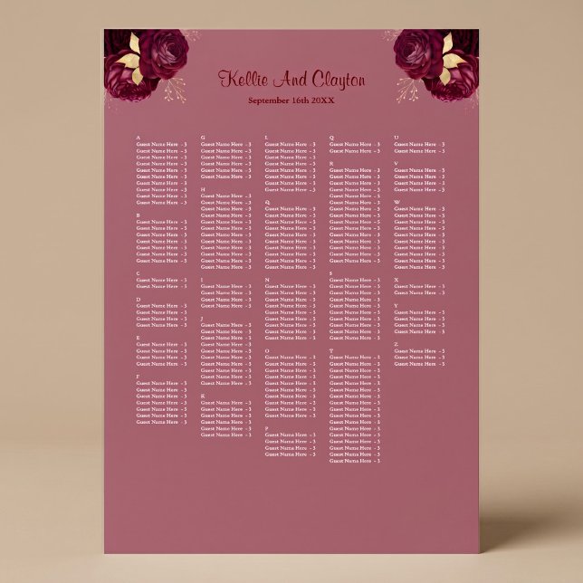 250 Burgundy & Gold Floral Wedding Seating Chart (Creator Uploaded)