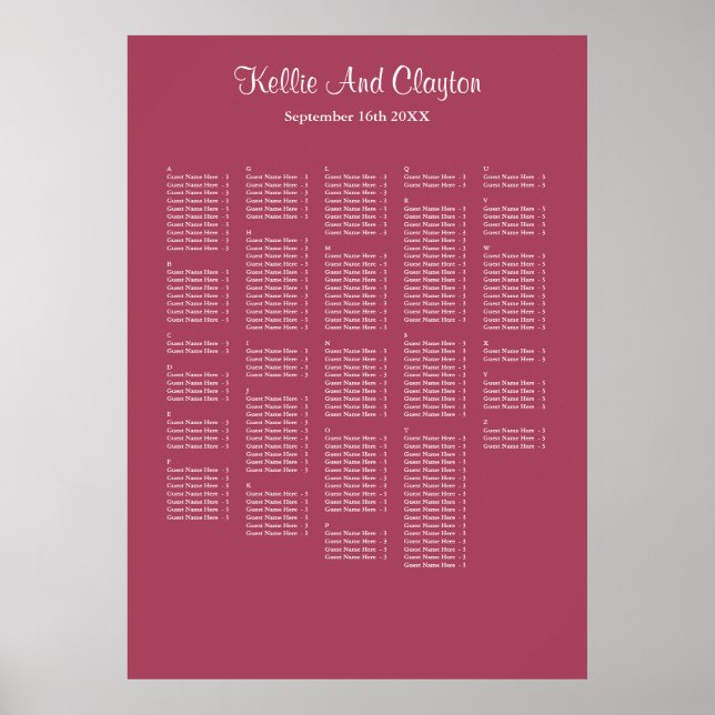 250 Burgundy Simple Wedding Seating Chart (Front)