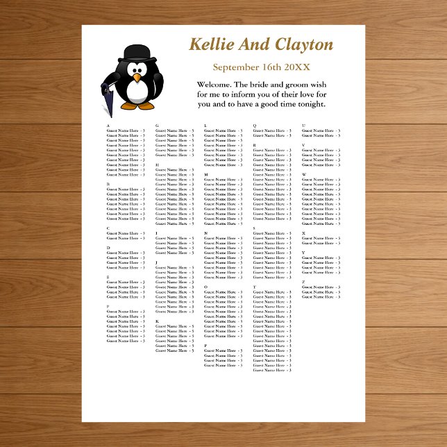 250 Funny Penguin Greeter Wedding Seating Chart Foam Board (Creator Uploaded)