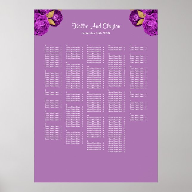 250+ Purple And Gold Floral Wedding Seating Chart (Front)