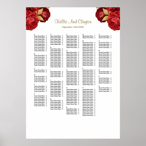 250 Red And Gold Floral Wedding Seating Chart