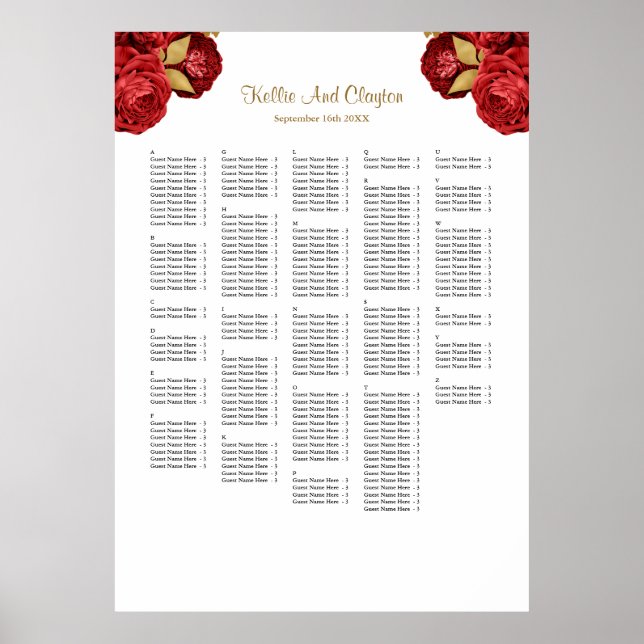 250 Red And Gold Floral Wedding Seating Chart (Front)