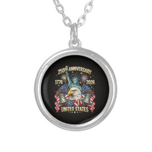 250 Years American Anniversary 1776-2026 USA Flag Silver Plated Necklace