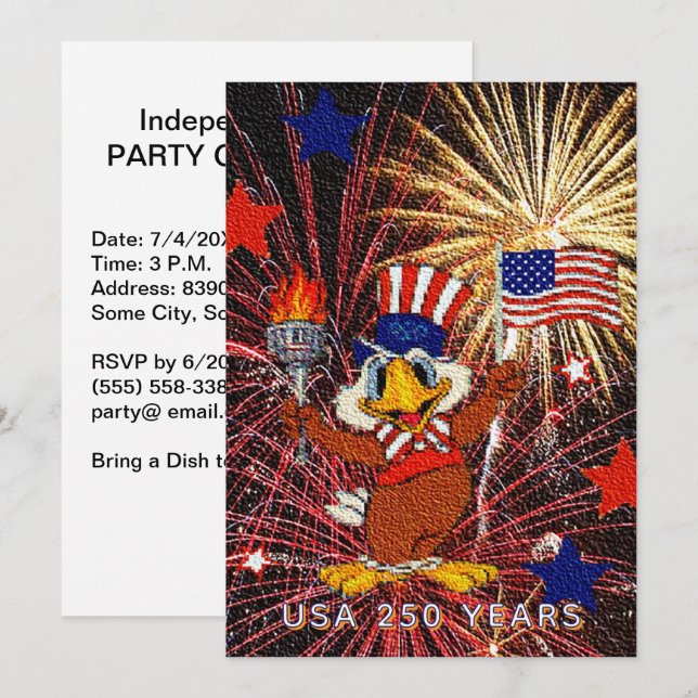 250 Years Cartoon Eagle USA Flag & Fireworks Invitation (Front/Back)