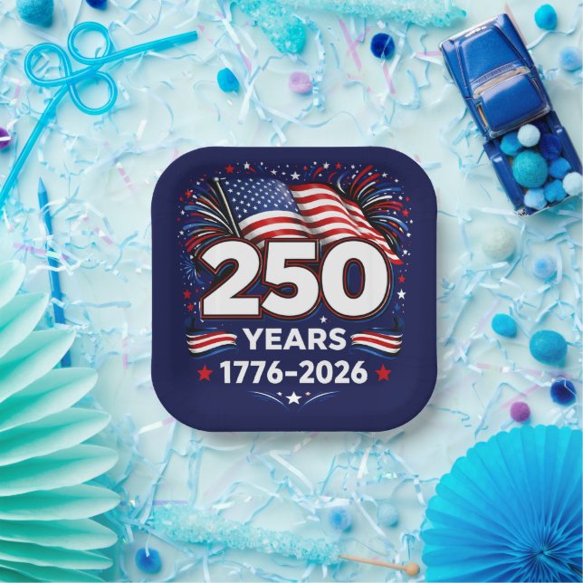 250 Years Independence Patriotic Fireworks Blue  Paper Plates (Party)