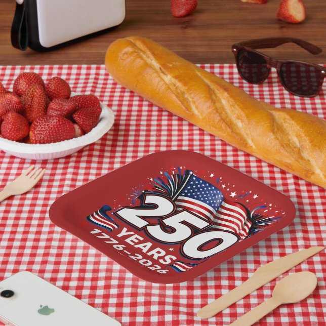 250 Years Independence Patriotic Fireworks Red Paper Plates (Picnic)