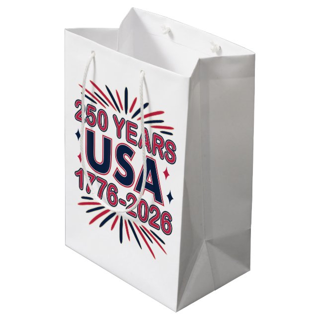 250 Years USA | 1776–2026 Semiquincentennial Medium Gift Bag (Back Angled)