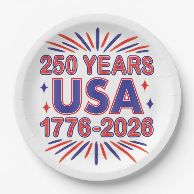 250 Years USA | 1776–2026 Semiquincentennial Paper Plates (Front)