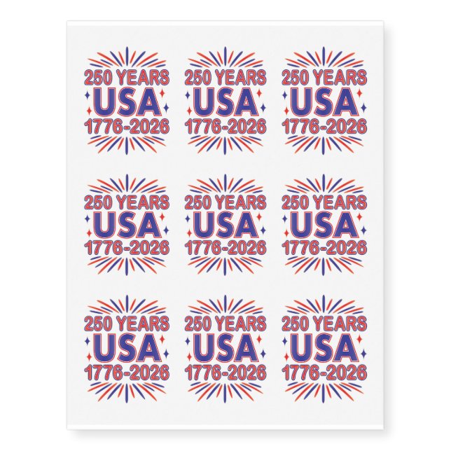 250 Years USA | 1776–2026 Semiquincentennial Temporary Tattoos (Front)