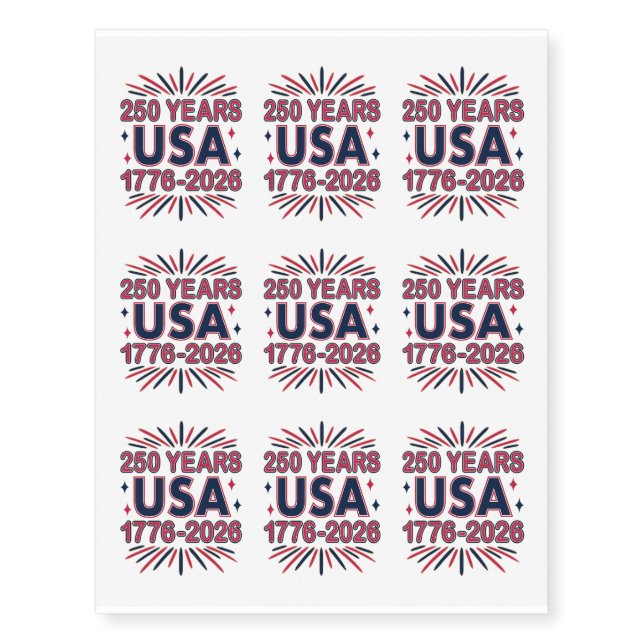 250 Years USA | 1776–2026 Semiquincentennial Temporary Tattoos (Front)