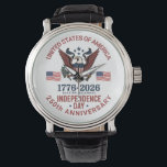 250th Anniversary 4th of July – Vintage Patriotic  Watch<br><div class="desc">Celebrate America’s Quarter Millennial with this bold vintage-style 4th of July graphic, featuring a majestic bald eagle clutching the waving U.S. flag. Commemorating 250 years of freedom (1776–2026), this design honors Independence Day with classic Americana flair—perfect for patriotic shirts, party gear, or keepsake memorabilia. A standout choice for anyone looking...</div>