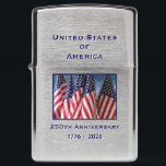 250th Anniversary Birthday USA Flag Zippo Lighter<br><div class="desc">250th Anniversary 1776 to 2026, United States of America, zippo lighter. A great milestone for the USA! Photo of American flags waving in the wind, and patriotic text make this a wonderful keepsake - America 250 - a once in a lifetime event! Great Christmas gift commemorative zippo lighter. All Rights...</div>