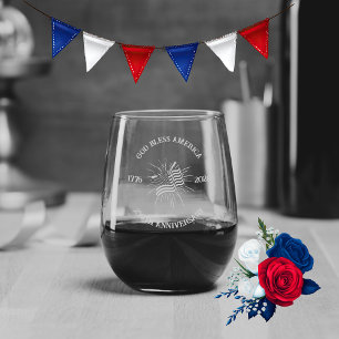 250th Anniversary of America Etch Flag Stemless Wine Glass