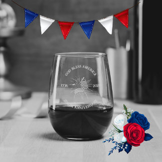 250th Anniversary of America Etch Flag Stemless Wine Glass