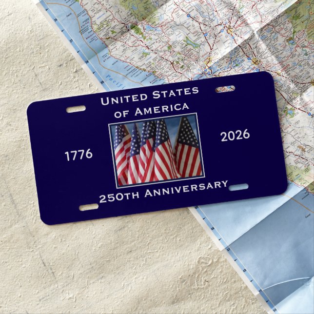 250th Anniversary USA Patriotic American Flag Blue License Plate (In Situ)