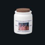 250th Anniversary USA Patriotic American Flags Can Candy Jar<br><div class="desc">250th Anniversary 1776 to 2026, United States of America, Candy Jar. A great milestone for the USA! Photo of American flags waving in the wind, and patriotic text make this a wonderful commemorative keepsake - a once in a lifetime event! Great gift for Birthday, Christmas, Independence Day, 4th of July,...</div>