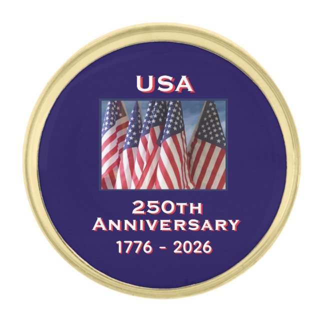 250th Anniversary USA Patriotic American Flags Gold Finish Lapel Pin (Front)