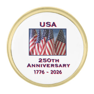 250th Anniversary USA Patriotic American Flags Gold Finish Lapel Pin