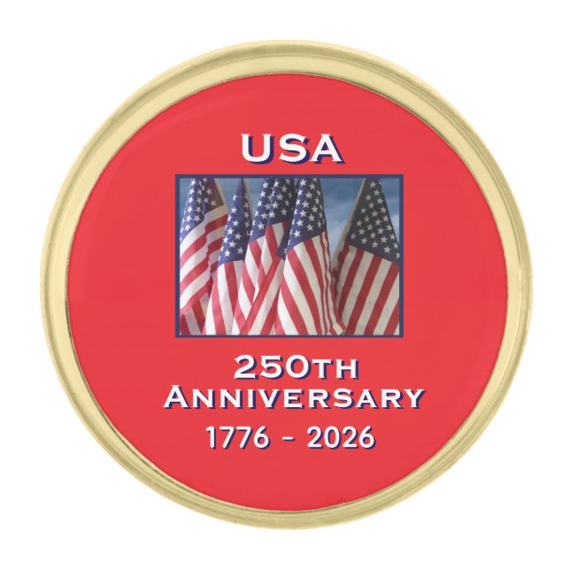 250th Anniversary USA Patriotic American Flags Gold Finish Lapel Pin (Front)