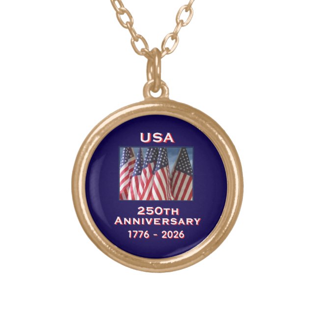 250th Anniversary USA Patriotic American Flags Gold Plated Necklace (Front)