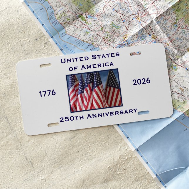 250th Anniversary USA Patriotic American Flags License Plate (In Situ)