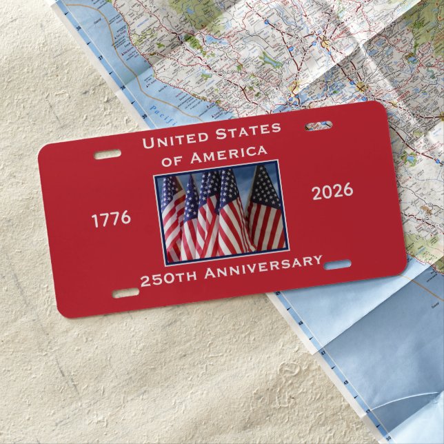 250th Anniversary USA Patriotic American Flags Red License Plate (In Situ)