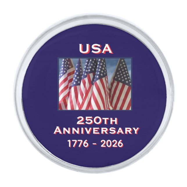 250th Anniversary USA Patriotic American Flags Silver Finish Lapel Pin (Front)