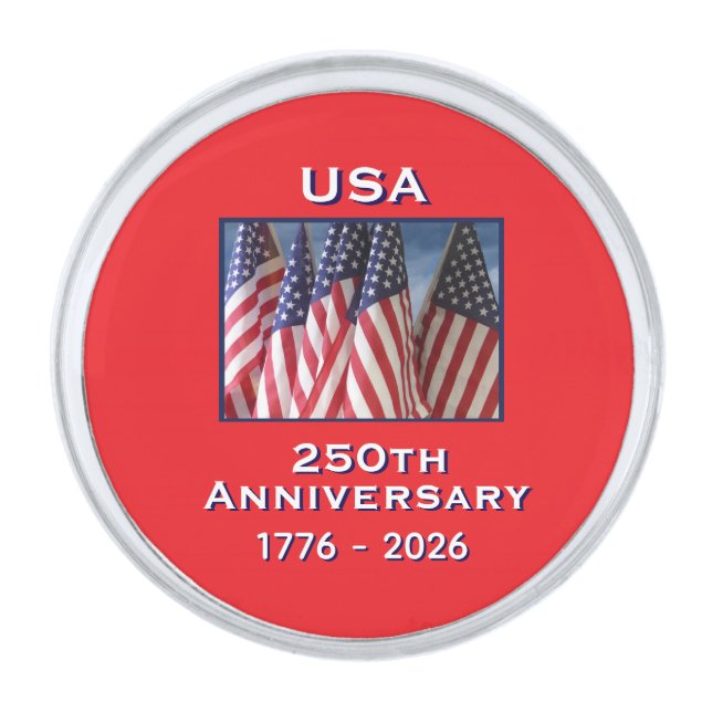250th Anniversary USA Patriotic American Flags Silver Finish Lapel Pin (Front)