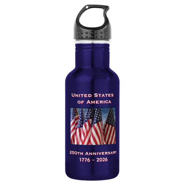 250th Anniversary USA Patriotic American Flags Stainless Steel Water Bottle (Front)