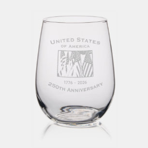 250th Anniversary USA Patriotic American Flags Stemless Wine Glass