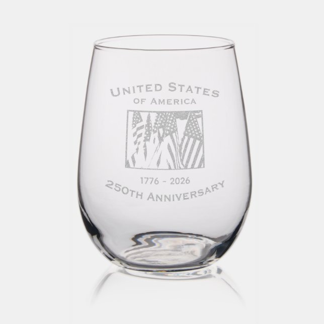 250th Anniversary USA Patriotic American Flags Stemless Wine Glass (Glassware)