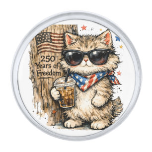 250th Anniversary USA Patriotic Cat Iced Coffee Silver Finish Lapel Pin