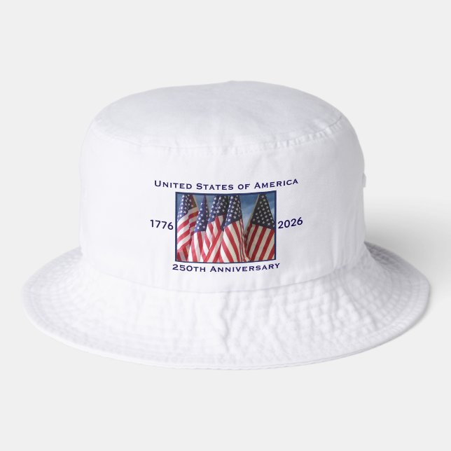 250th Anniversary USA Patriotic Classic White Bucket Hat (Front)