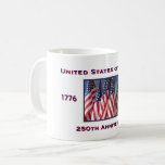 250th Anniversary USA Patriotic  Coffee Mug<br><div class="desc">250th Anniversary 1776 to 2026, United States of America, Coffee Mug. A great milestone for the USA! Photo of American flags waving in the wind, and patriotic text make this a wonderful keepsake - a once in a lifetime event! Great gift for Birthday, Christmas, Independence Day, 4th of July, or...</div>