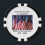 250th Anniversary USA Patriotic Flag Premium Black Poker Chips<br><div class="desc">250th Anniversary 1776 to 2026, United States of America, Premium Black Poker Chips. America 250 - A great milestone for the USA! Photo of American flags waving in the wind, and patriotic text make this a wonderful keepsake - a once in a lifetime event! On the back, a quote from...</div>