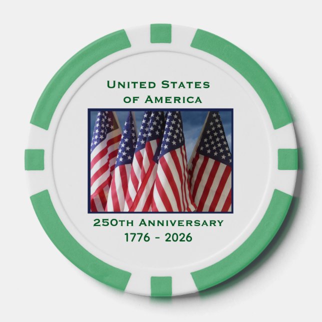 250th Anniversary USA Patriotic Flag Premium Green Poker Chips (Front)