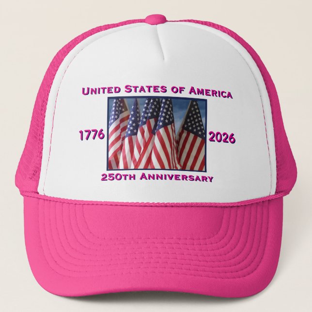 250th Anniversary USA Patriotic Flags Pink Trucker Hat (Front)
