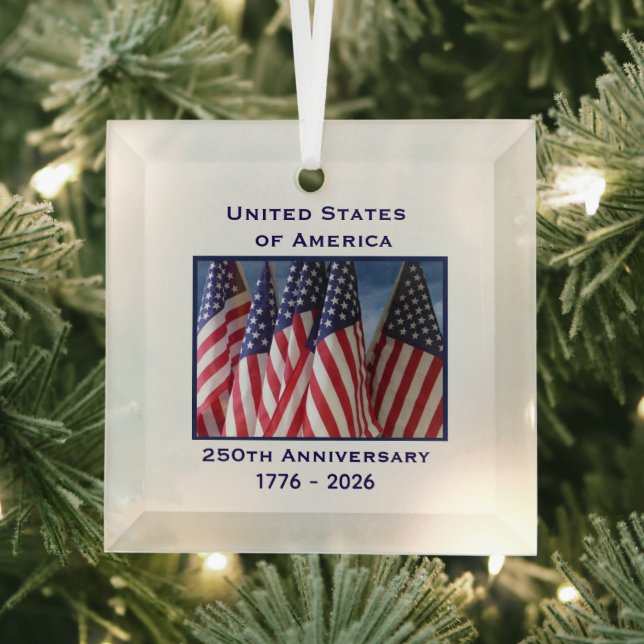 250th Anniversary USA Patriotic Flags Premium Glass Ornament (Insitu)