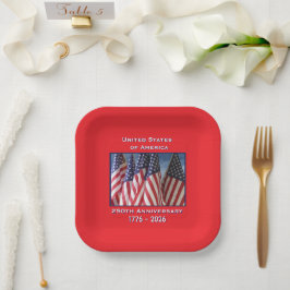 250th Anniversary USA Patriotic Flags Square Paper Plates