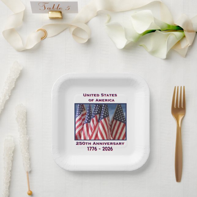 250th Anniversary USA Patriotic Flags Square Paper Plates (Wedding)