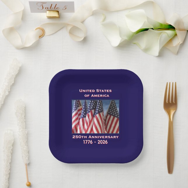 250th Anniversary USA Patriotic Flags Square Paper Plates (Wedding)