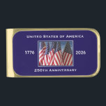 250th Anniversary USA Patriotic Gold Finish Mon Gold Finish Money Clip<br><div class="desc">250th Anniversary 1776 to 2026, United States of America, money clip. A great milestone for the USA! Photo of American flags waving in the wind, and patriotic text make this a wonderful keepsake - a once in a lifetime event! Great gift for Birthday, Christmas, Independence Day, 4th of July, or...</div>