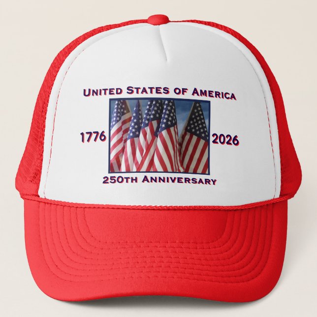 250th Anniversary USA Patriotic Red and White Trucker Hat (Front)