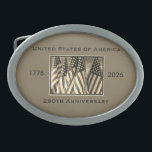 250th Anniversary USA Patriotic Sepia Belt Buckle<br><div class="desc">250th Anniversary 1776 to 2026, United States of America, sepia old fashioned belt buckle. A great milestone for the USA! Photo of American flags waving in the wind, and patriotic text make this a wonderful keepsake - a once in a lifetime event! Great gift for Birthday, Christmas, Independence Day, 4th...</div>