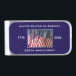 250th Anniversary USA Patriotic  Silver Finish Money Clip<br><div class="desc">250th Anniversary 1776 to 2026, United States of America, money clip. A great milestone for the USA! Photo of American flags waving in the wind, and patriotic text make this a wonderful keepsake - a once in a lifetime event! Great gift for Birthday, Christmas, Independence Day, 4th of July, or...</div>