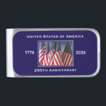 250th Anniversary USA Patriotic  Silver Finish Money Clip<br><div class="desc">250th Anniversary, 250th Birthday - 1776 to 2026, United States of America, money clip. America 250 - A great milestone for the USA! Photo of American flags waving in the wind, and patriotic text make this a wonderful keepsake - a once in a lifetime event! Great gift for Birthday, Christmas,...</div>